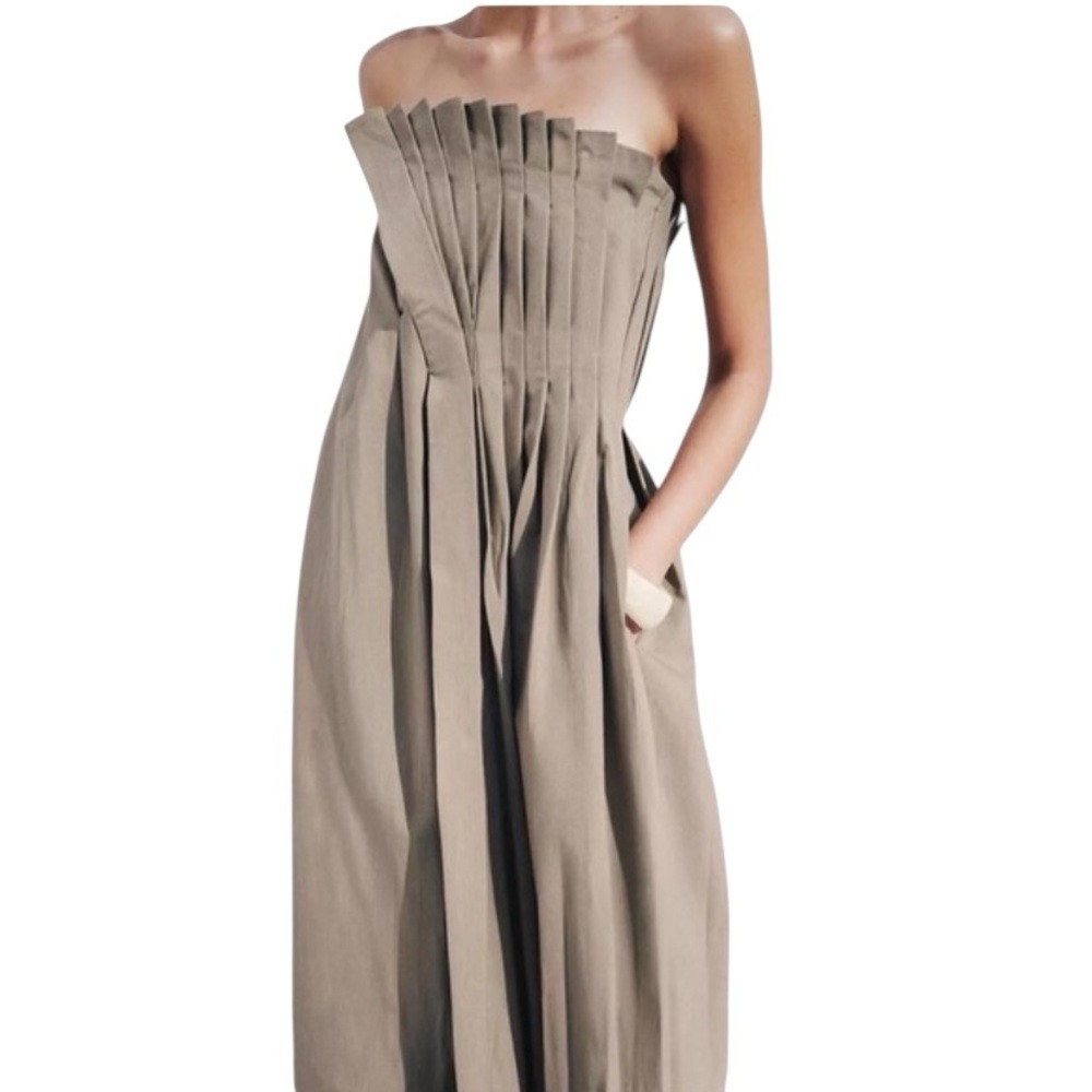 Zara NWOT Pleated Khaki Olive Green Strapless Contemporary Maxi Dress Medium